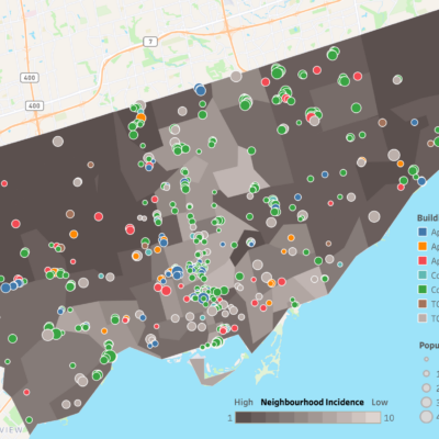 A map of Toronto with dots indicating vaccine programs