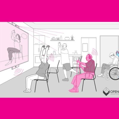 An illustration of a group of older adults exercising in a common space